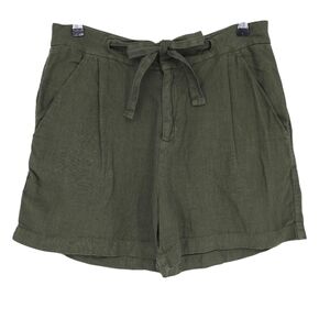 Tahari Shorts Linen Olive Green Pleated Tie Waist High Rise Lightweight Medium